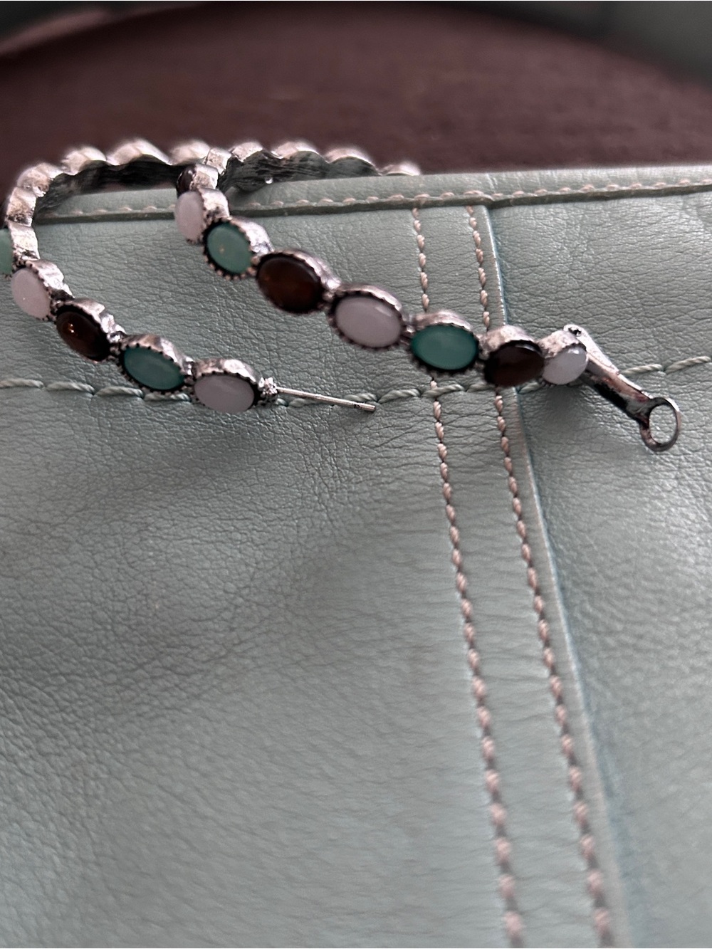 Vintage Amber, White Opal &  Turquoise Lg Hoop Earrings - Picture 5 of 7